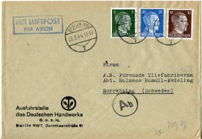 1944, 23.Mai , Lp.-Bf.m. MiF. BERLIN NW7(Handstpl.) nach Schweden. Porto: RM 0.15. M. dt...