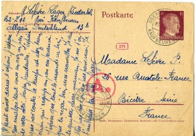 1944, 3.Jul., 15Pfg.-GA-Kte. OBERGERMARINGEN 2 a ÜBER KAUFBEUREN(Handstpl.) nach Frankre...