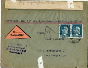 1944, 3.Jun., NN-Bf.m. MeF. DORTMUND 16(Handstpl.) nach Oberdielfen. Porto: RM 0.32.