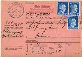 1945, 4.Mai , Postanweisung m. MeF. STADT LIEBAU (OSTSUDETENLD) a(Handstpl.) nach Bärn. ...