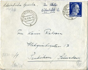 1945, 31.Jan., Bf.m. EF. FELDSTETTEN (WÜRTT) a(Handstpl.) nach Schweden. Porto: RM 0.25....