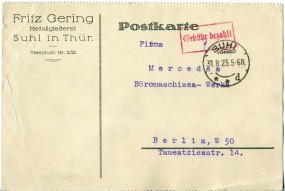 1923, 1.Aug., Kte. m. Gebühr-bezahlt-Stpl. SUHL **d(Handstpl.) nach Berlin. Porto: 8000 ...