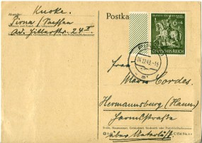 1943, 4.Dez., Kte. m. EF. PIRNA 1 m(Handstpl.) nach Hermannsburg. Porto: RM 0.06.