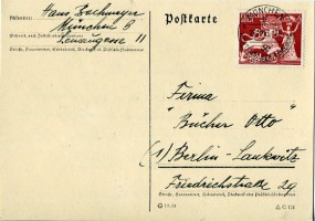 1943, 28.Okt., Kte. m. EF. MÜNCHEN 8 c HAUPTSTADT DER BEWEGUNG(Handstpl.) nach Berlin. P...