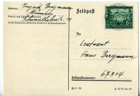 1944, 30.Jan., Kte. m. EF. MÜNCHEN 1 bo HAUPTSTADT DER BEWEGUNG(Handstpl.) an Feldpostnr...