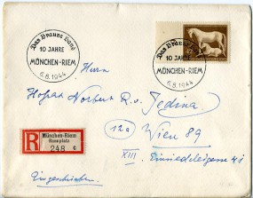 1944, 6.Aug., R-Bf.m. EF. MÜNCHEN-RIEM - 10 JAHRE DAS BRAUNE BAND(So.-Stpl.) nach WIEN....