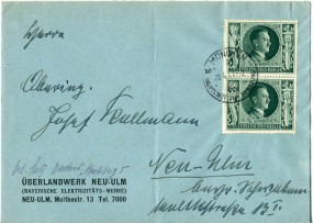 1943, 28.Apr., Bf.m. MeF. MÜNCHEN 2 bp HAUPTSTADT DER BEWEGUNG(Handstpl.) nach Neu-Ulm. ...