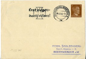 1942, 4.Aug., 3Pfg.-GA-Kte. REICHENBERG (SUDETENL) 3 ma - ERST SIEGEN DANN REISEN!(Masch...