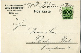 1923, 5.Okt., Kte. m. EF. SELB 1 *b(Handstpl.) nach Baden-Baden. Porto: 800000 M.