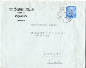 1939, 16.Feb., Bf.m. EF. SCHÖNLINDE (KR. RUMBURG) a(Handstpl.) in die Tschechoslowakei. ...