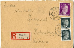 1943, 24.Mai , R-Bf.m. MiF. 9/1 WIEN 66 3c(österr. Handstpl.) nach Böhmen & Mähren. Port...