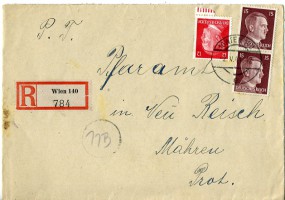 1944, 2.Mai , R-Bf.m. MiF. 10 WIEN 140 e(Handstpl.) nach Böhmen & Mähren. Porto: RM 0.42...