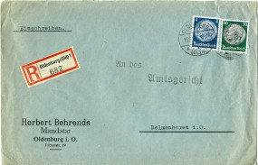 1935, 15.Okt., R-Bf.m. MiF. OLDENBURG (OLDB) 1 *c(Handstpl.) nach DELMENHORST ***. Por...