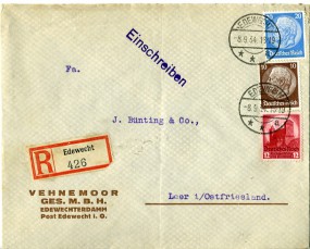 1934, 8.Sep., R-Bf.m. MiF. EDEWECHT **a(Handstpl.) nach LEER (OSTFRIESLAND) 1 d. Postl...