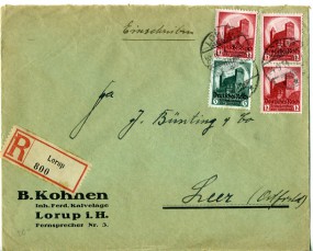 1934, 24.Sep., R-Bf.m. MiF. LORUP ***(Handstpl.) nach LEER (OSTFRIESLAND) 1 d. Postlau...
