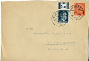 1942, 3.Jan., 8Pfg.-GA-Umschlag m. Zus.-Frankatur. HALLE (SAALE) 3 a(Handstpl.) nach Kie...