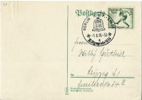 1936, 1.Aug., Kte. m. EF. BERLIN K.D.F.-STADT a - XI. OLYMPIADE 1936(So.-Stpl.) nach Lei...