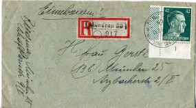 1945, 15.Feb., R-Bf.m. EF. MÜNCHEN 50 b HAUPTSTADT DER BEWEGUNG(Handstpl.) über MÜNCHEN...