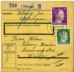 1943, 24.Jul., Paketkte. m. MiF. ULFLINGEN a(Handstpl.) nach WILZ c. Postlaufzeit: 2 T...