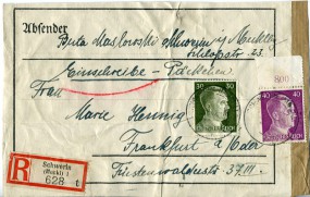 1942, 22.Aug., R-Pn.-Vorderseite m. MiF. SCHWERIN..(undeutl.Handstpl.) nach Frankfurt/M....