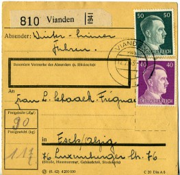 1943, 12.Feb., Paketkte. m. MiF. VIANDEN b(Handstpl.) nach ESCH-ALZIG.. Postlaufzeit: ...