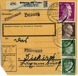 1944, 26.Jun., Paketkte. m. MiF. BITBURG (BZ TRIER) c(Handstpl.) nach DIEKIRCH c. Post...