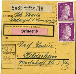 1943, 14.Jun., Paketkte. m. MiF. WEIDENGUT ÜBER LAMSDORF (OBERSCHL).(schwach. Handstpl.)...