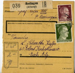 1943, 14.Mai , Paketkte. m. MiF. REDINGEN (ATTERT).(Handstpl.) nach ESCH-ALZIG n. Post...