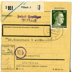 1944, 29.Sep., Paketkte. m. EF. VILLACH 2 q(Handstpl.) nach 12b NEUMARKTL (OBERKRAIN) a...