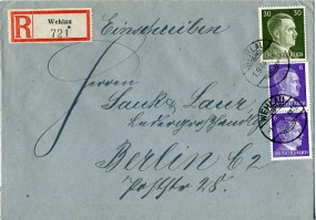 1944, 1.Sep., R-Bf.m. MiF. WEHLAU(Handstpl.) nach BERLIN C2 by. Postlaufzeit: 1 Tag. P...