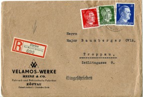 1943, 1.Okt., R-Bf.m. MiF. ZÖPTAU ÜBER MÄHR. SCHÖNBERG a(Handstpl.) nach TROPPAU 1 d. ...