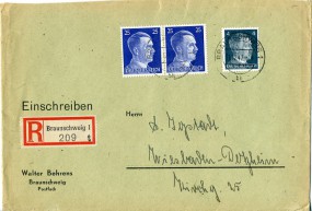 1942, 31.Dez., R-Bf.m. MiF. BRAUNSCHWEIG 1 bk(Handstpl.) nach WIESBADEN-DOTZHEIM a. Po...