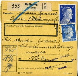 1943, 28.Mai , Paketkte. m. MiF. REDINGEN (ATTERT) b(Handstpl.) nach WILZ c. Postlaufz...