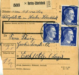 1943, 4.Feb., Paketkte. m. MeF. HERTEN-SCHERLEBECK(Handstpl.) nach ESCH-ALZIG n. Postl...