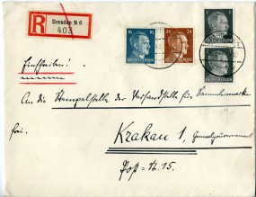 1942, 25.Aug., R-Bf.m. MiF. DRESDEN N6 k(Handstpl.) nach KRAKAU 1 c(Generalgouvernemen...