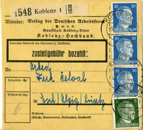 1943, 5.Feb., Paketkte. m. MiF. KOBLENZ 1 a(Handstpl.) nach ESCH-ALZIG n. Postlaufzeit...