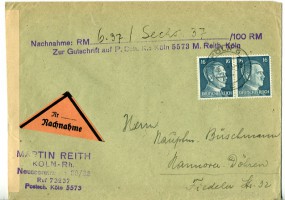 1943, 26.Feb., NN-Bf.m. MeF. KÖLN 6 c(Handstpl.) nach Hannover. Porto: RM 0.32. Eine Mar...