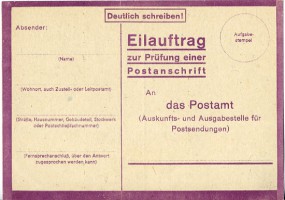 1943, GA-Kte. o. WStpl. Eilauftrag zur Prüfung einer Postanschrift.