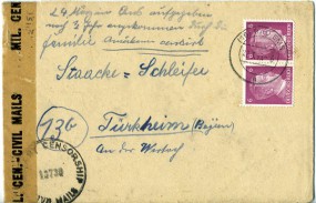 1945, 22.Mrz., Bf.m. MeF. (16) BAD EMS h(Handstpl.) nach Türkheim. Porto: RM 0.12. M. US...