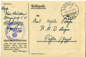 1942, 5.Dez., Feldpost-Faltbf. LÜBEN (SCHLESIEN) LAND(Handstpl.) nach Pösla. Porto: -. A...