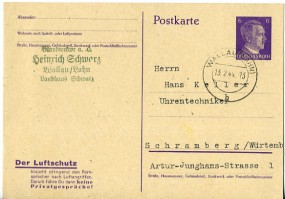1944, 13.Feb., 6Pfg.-GA-Kte. WALLAU (LAHN) b(Handstpl.) nach Schramberg. Sonntags gestem...