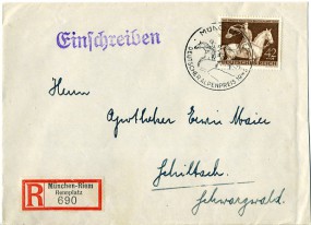 1943, 27.Jul., R-Bf.m. EF. MÜNCHEN-RIEM - DEUTSCHER ALPENPREIS 1943(So.-Stpl.) nach SCH...