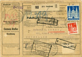 1952, 23.Mai , Paketkte. m. MiF. NESSELWANG a(Handstpl.) nach BRUXELLES ENT. BRUSSEL ST...