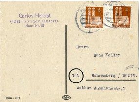 1948, 7.Okt., Kte. m. MiF. THÜNGEN b(Handstpl.) nach Schramberg. Porto: DM 0.10.