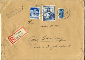 1949, 24.Jun., R-Bf.m. MiF. THÜNGEN(Handstpl.) nach (14) SCHRAMBERG d. Postlaufzeit: 1...