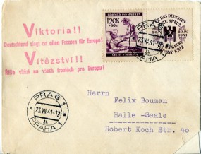 1941, 23.Jul., Bf.m. EF. PRAG 1 PRAHA 1 3h(Handstpl.) nach Halle/S.(Deutschland). Porto:...