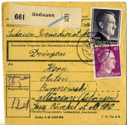 1943, 4.Mai , Paketkte. m. MiF. SUDAUEN h(Handstpl.) nach MÖWERN (WESTM) b. Postlaufze...