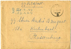 1944, 22.Apr., Bf. FELDPOST b ---(Feldpost-Handstpl.) nach Kulmbach. Porto: -. An belgis...