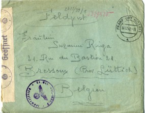 1942, 30.Dez., Bf. FRANKFURT (ODER) 1 a(Handstpl.) nach Belgien. Porto: -. M. dt.Zensurs...