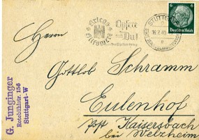 1940, 16.Jul., Kte. m. EF. STUTTGART 9 e STADT DER AUSLANDSDEUTSCHEN - KRIEGS-HILFSWERK O...